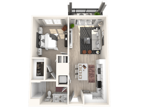 Floor plan for 1 bed, 1 bath, 723 sqft